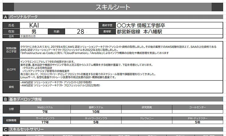 スキルシートのイメージ